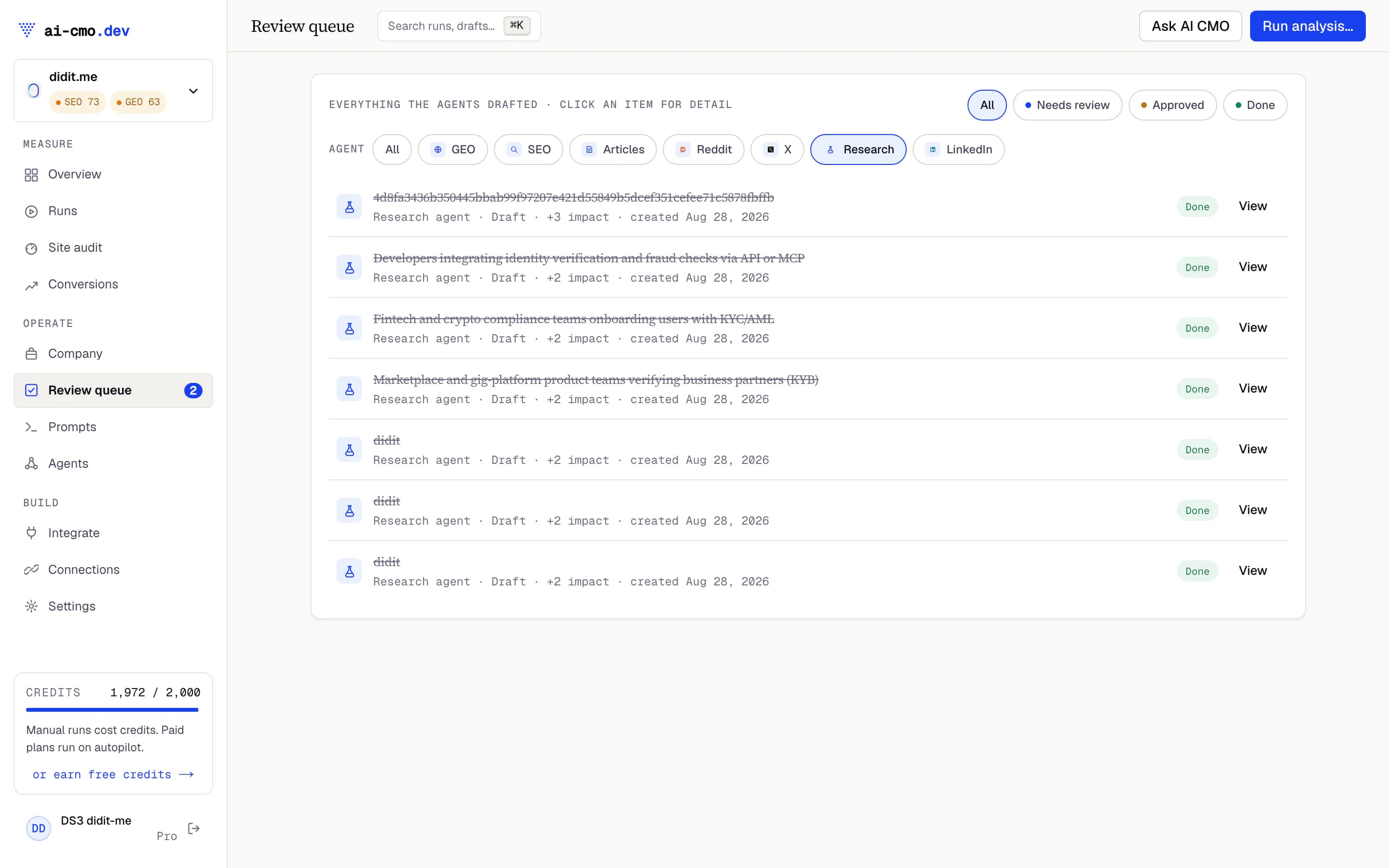 A Research report for didit.me: five parts with source links, in the review queue