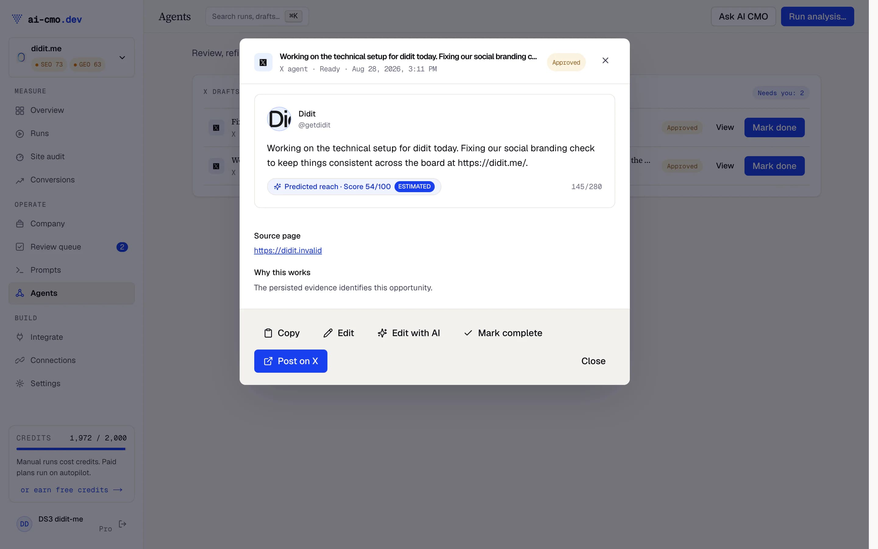 An X post draft for ai-cmo.dev in the review queue, source question attached