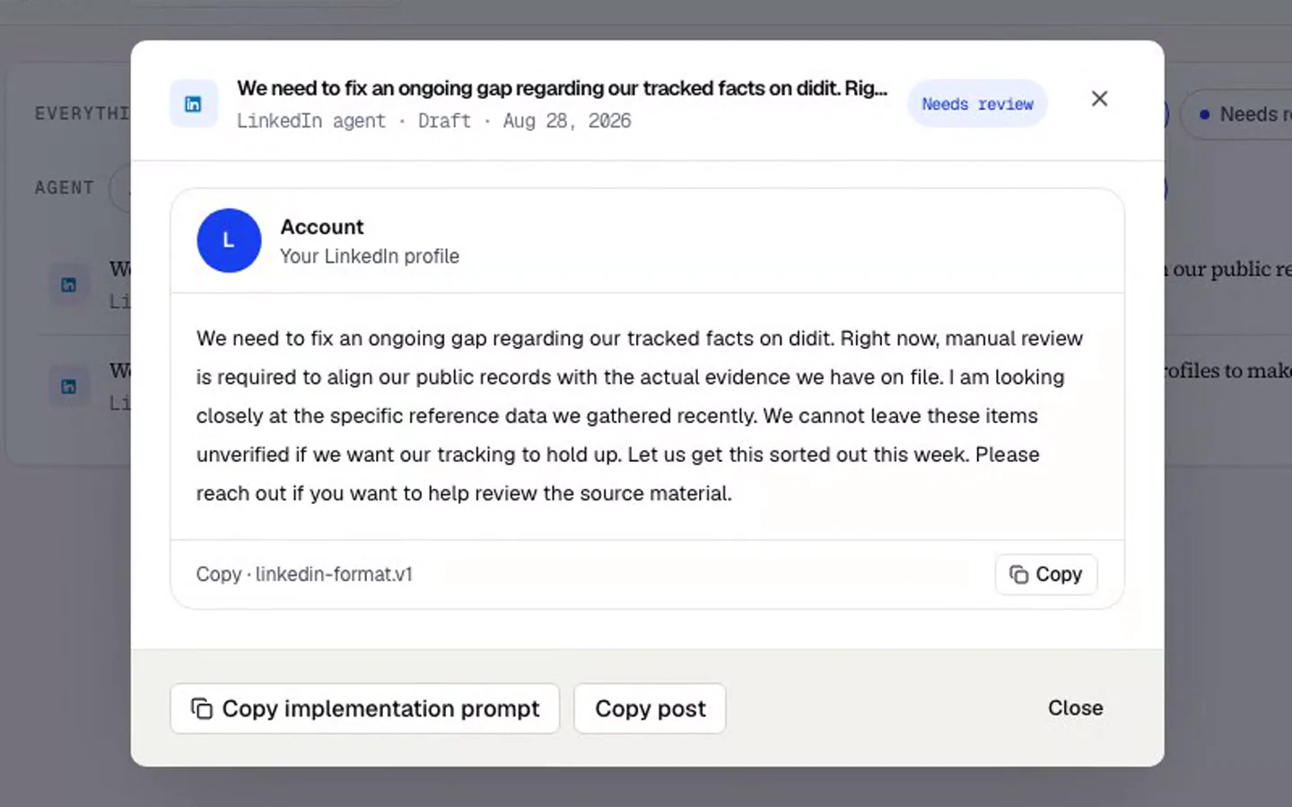 The review queue for didit.me: a LinkedIn draft opened to its formatted post preview and copy actions, nothing published