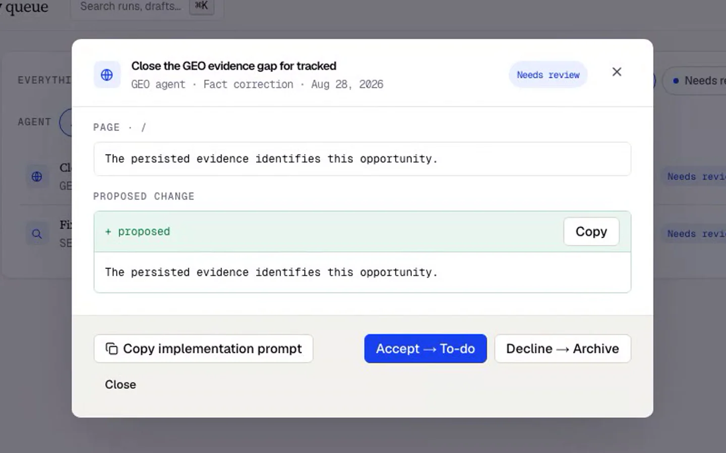 The ai-cmo.dev review queue with one item open on its evidence
